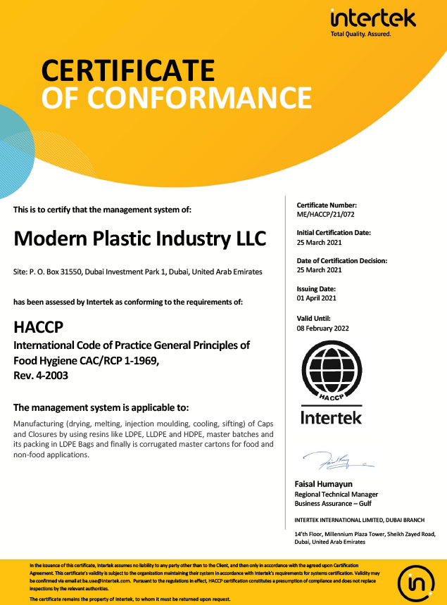 HACCP Certificate of Conformance